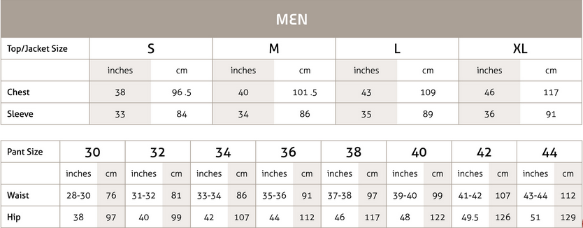 Mens Sport Coat Size Chart
