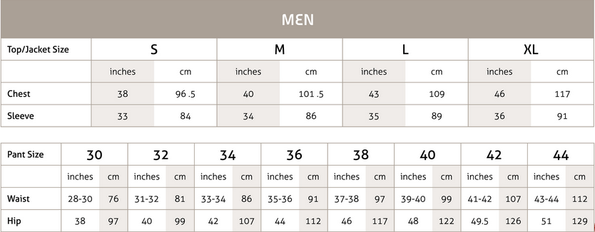 Mens Sport Jacket Size Chart