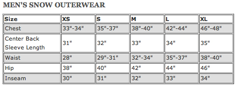 Mens Snowboard Size Chart