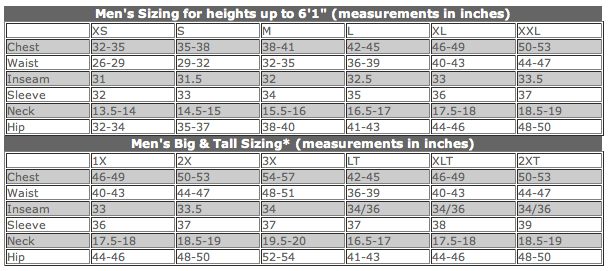 Columbia Clothing Size Chart