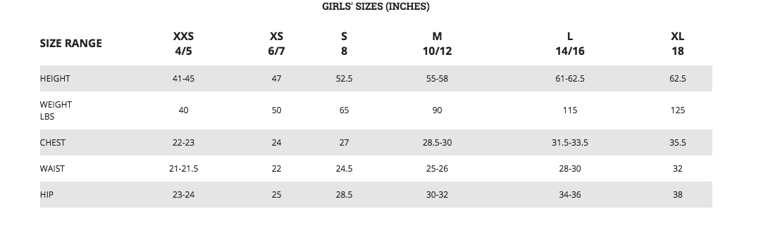 Columbia Youth Jacket Size Chart