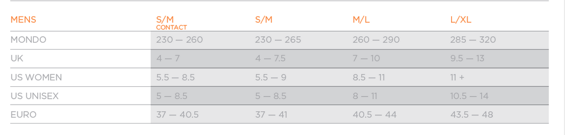 Union Flite Pro Bindings Size Chart