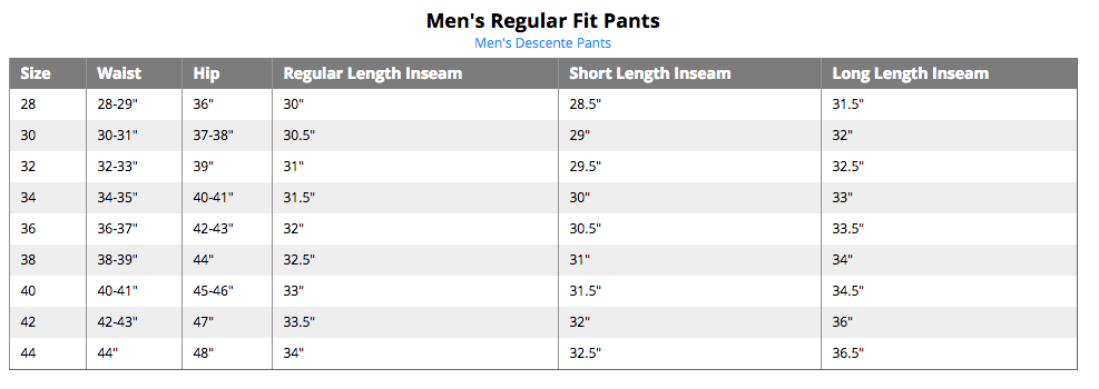 Vanguard Size Chart